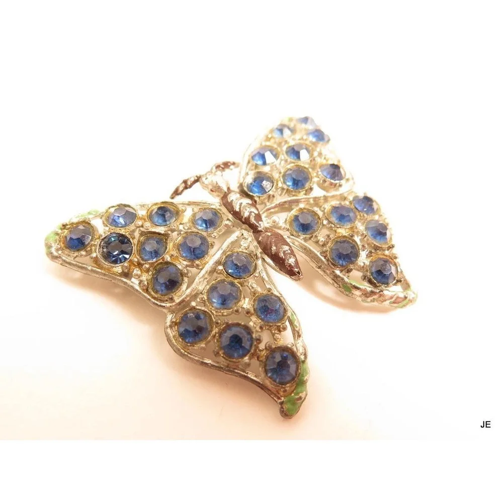 Vintage Art Deco Potmetal‎ Silver Toned Dark Blue Rhinestone Butterfly Pin *A667